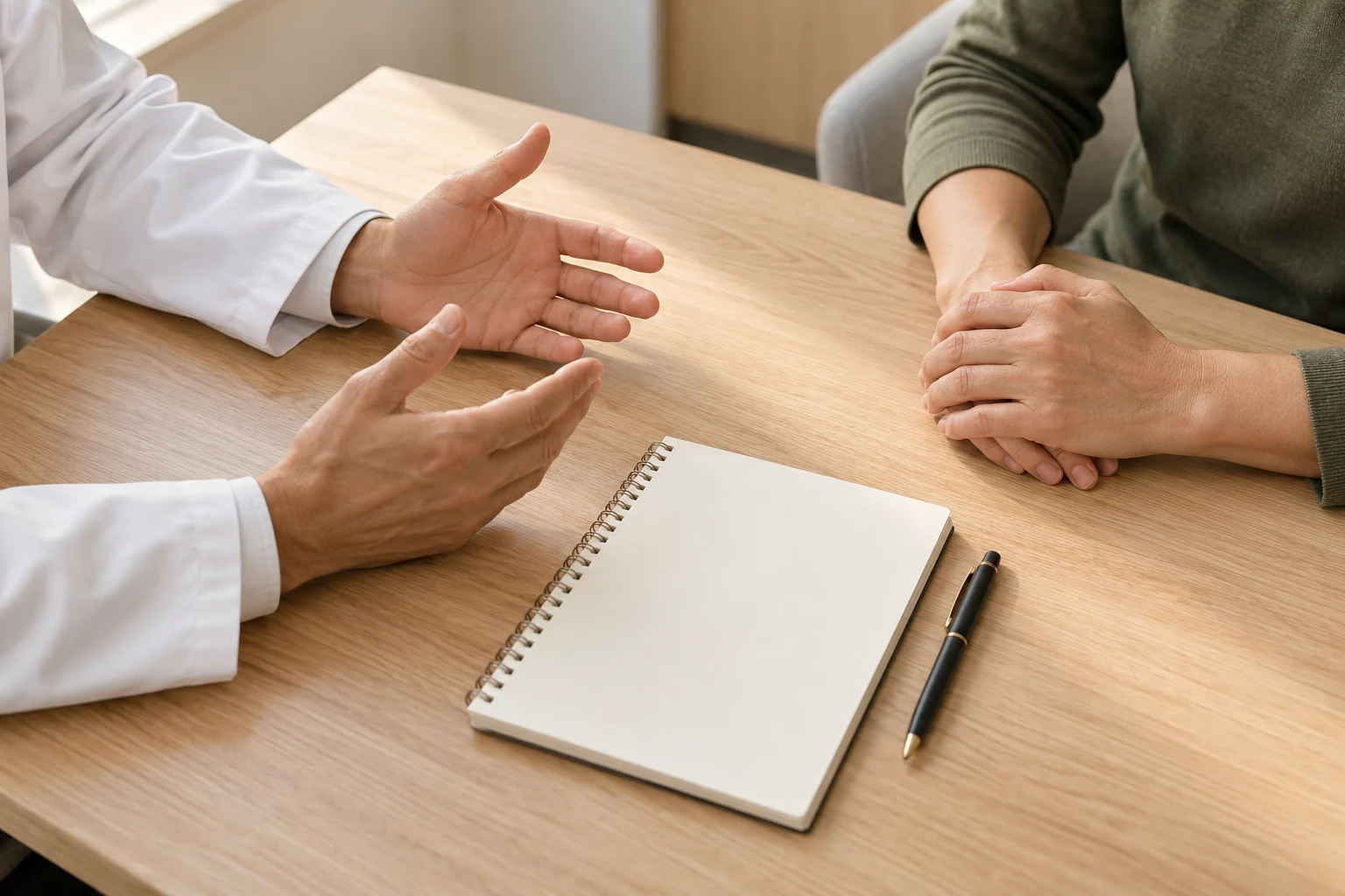 Illustrative photograph of a doctor and client in conversation at a desk.