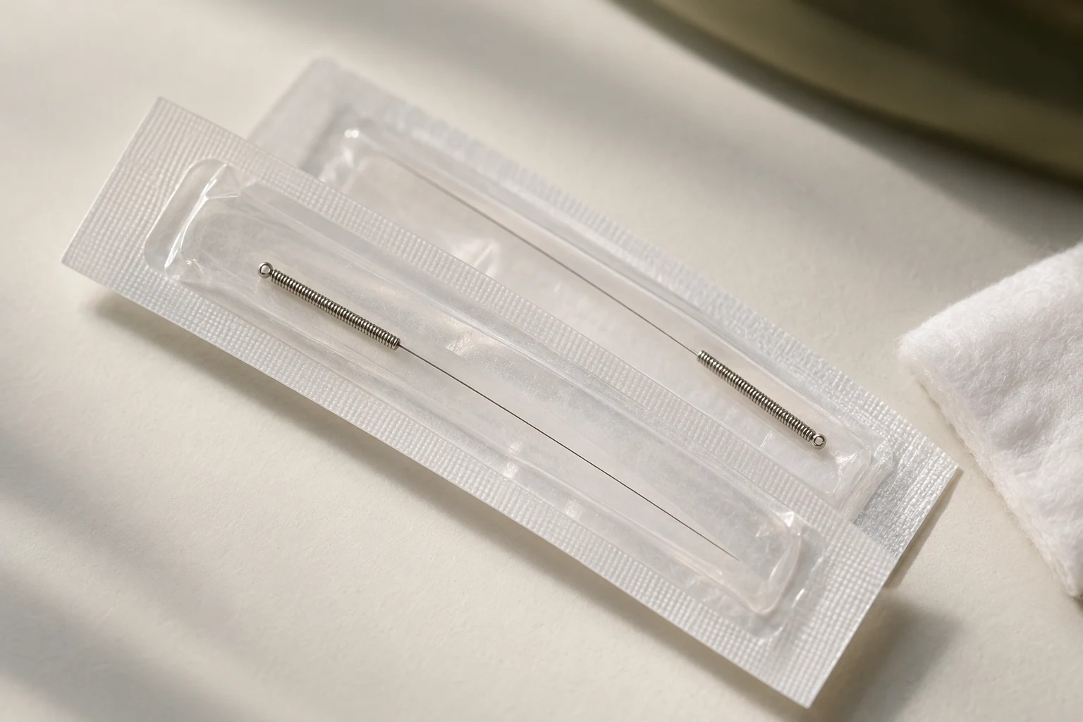 Illustrative photograph of sterile packaged single-use acupuncture needles.